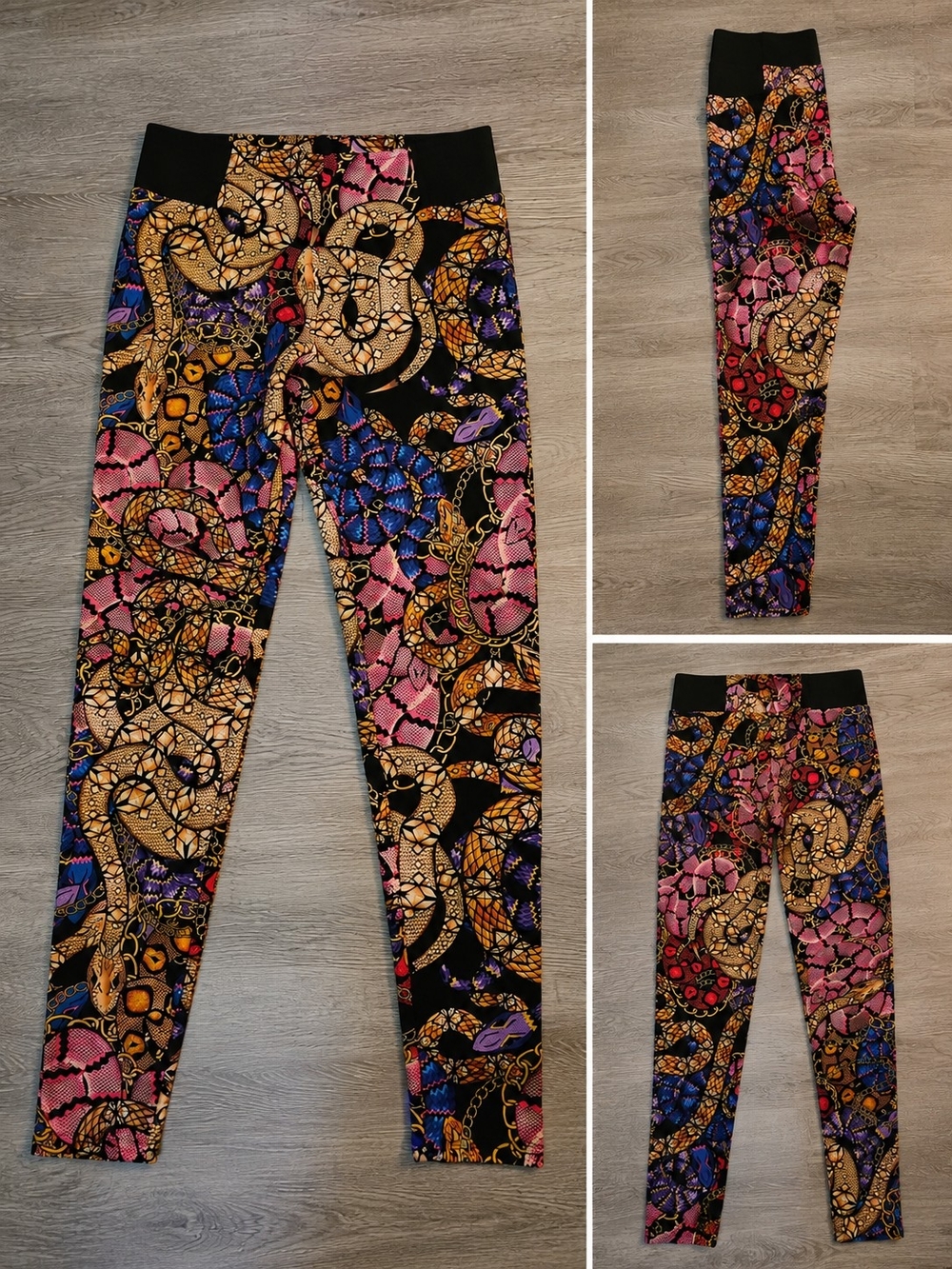 Nicki Minaj Black Snake & Chain Print Leggings with Pink, Blue and Gold Accents